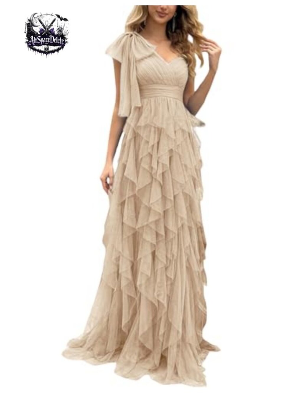 Maxi Formal Dress One Shoulder Mesh Bow Chiffon Prom Wedding Guest